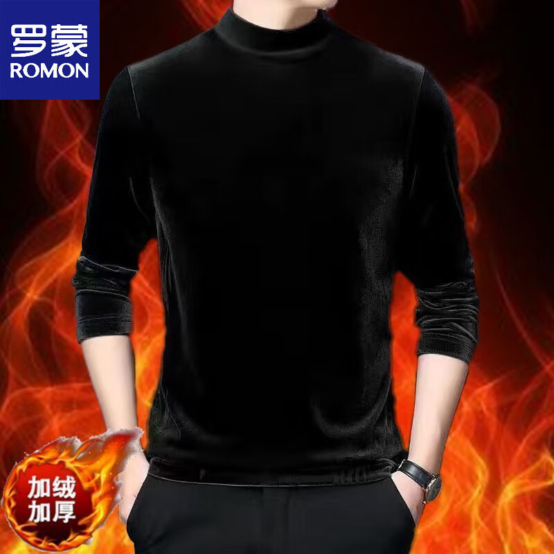 罗蒙（ROMON）加绒加厚金丝绒卫衣男士半高领t恤秋冬季长袖上衣百搭修身打底衫 黑色  (单件) 加绒 2XL (建议125-140斤)