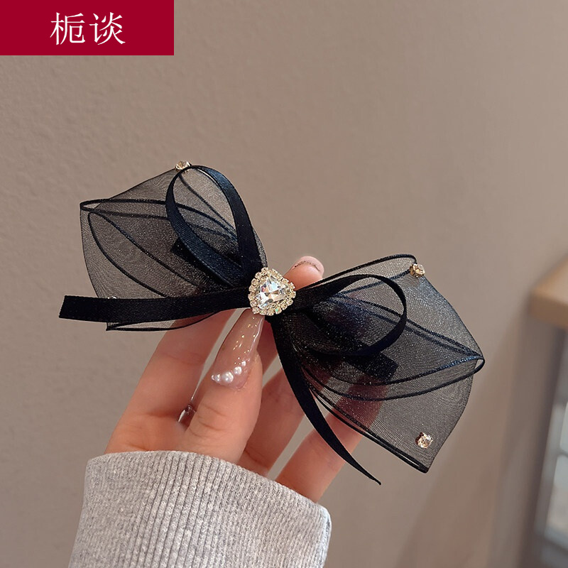 栀谈 黑色百搭绢纱日韩多层温柔风少女甜美蝴蝶结发夹发饰 黑纱水钻边