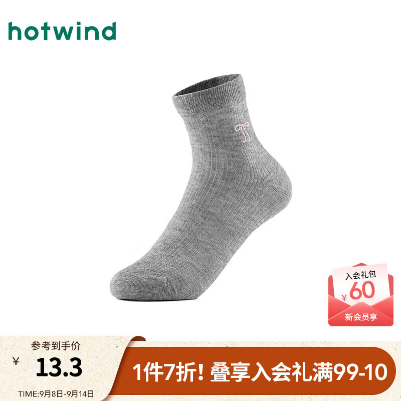 热风【商场同款】女款短筒袜子2025年秋季新款女士蝴蝶结刺绣低帮袜 09灰色 1双 均码