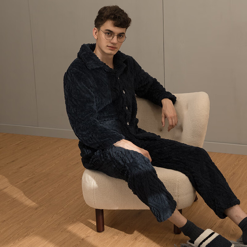 芬腾男士睡衣珊瑚绒家居服套装秋冬保暖 M98241403-宝兰 XL