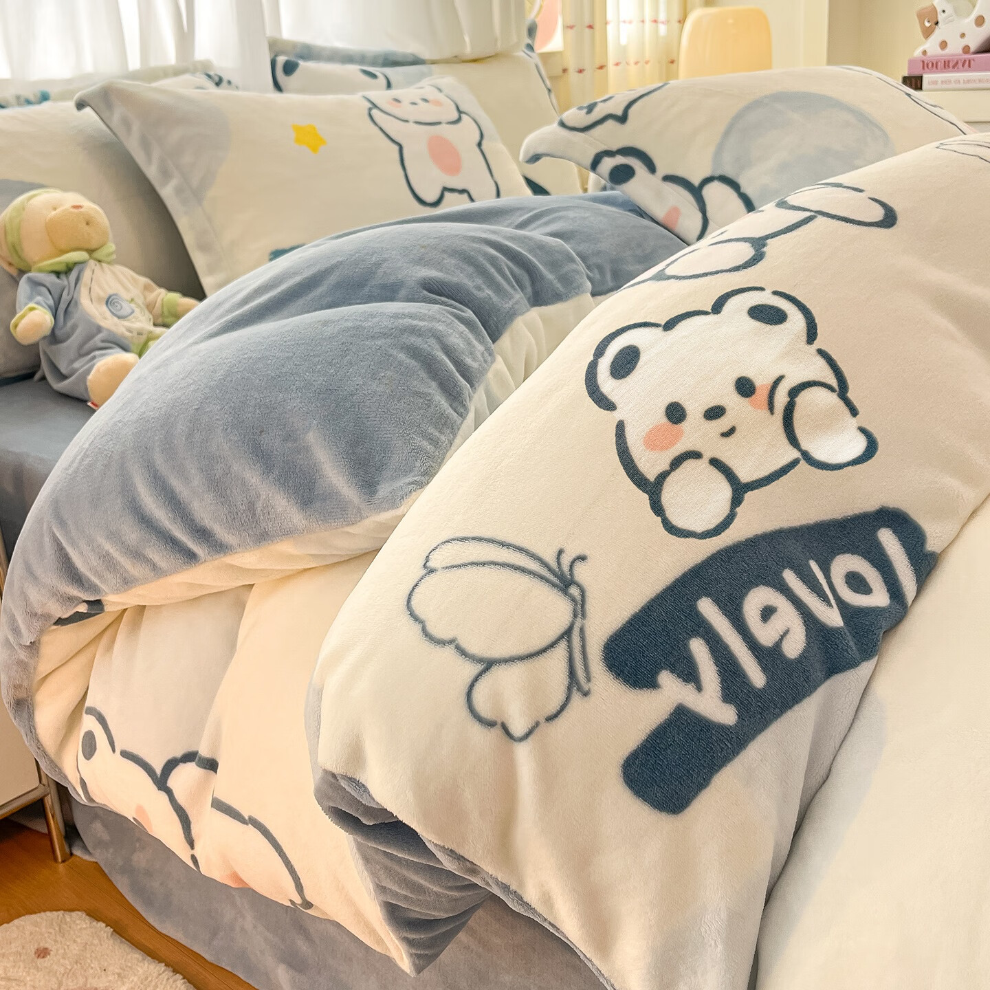 苏萱2025新款加厚牛奶绒被套单件双面毛绒被单法兰珊瑚绒单人加绒被罩 爱心熊 被套单件-180x220cm