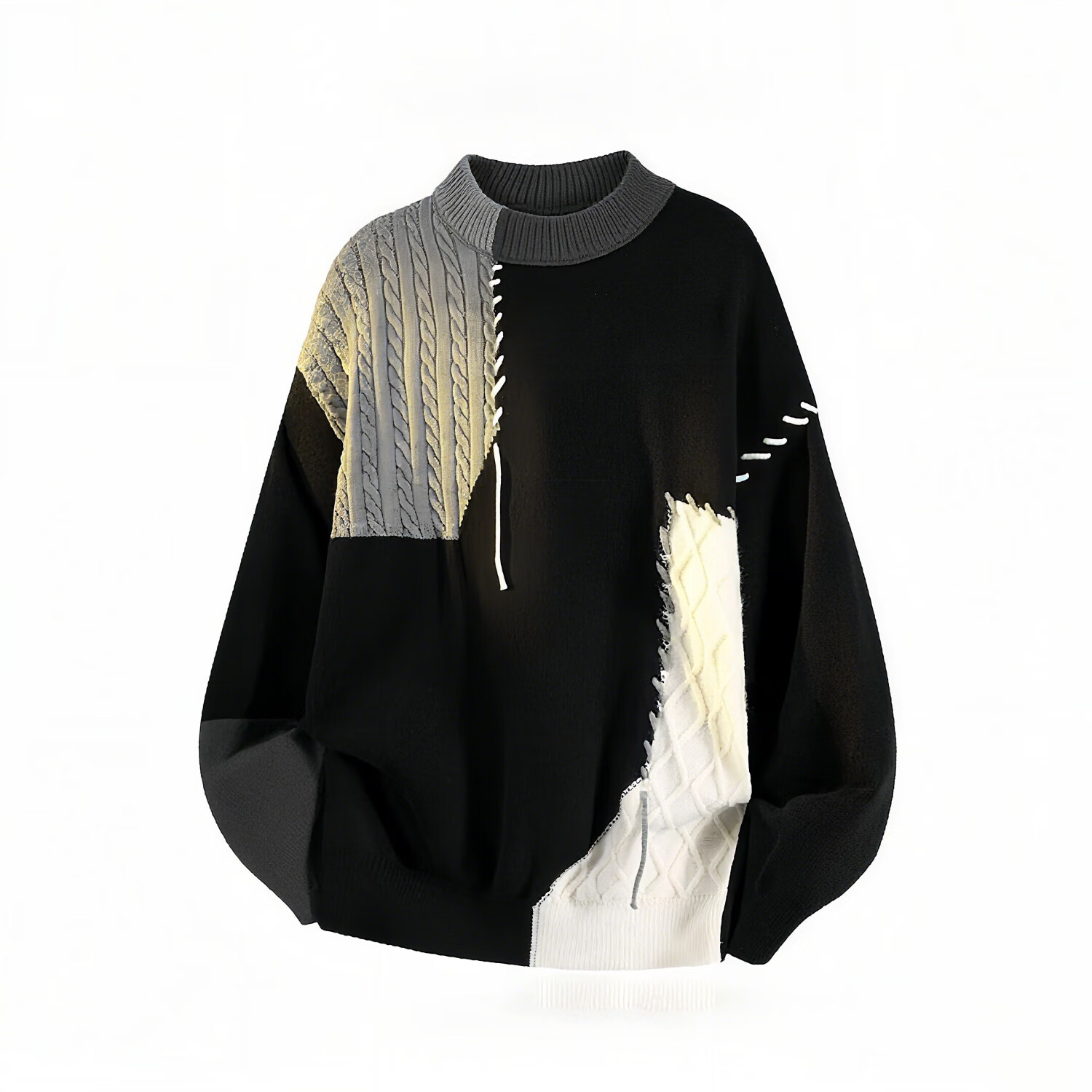 武楠拼接圆领毛衣男款秋冬季内搭可外穿小众套头针织衫设计感上衣服男 黑色 XL