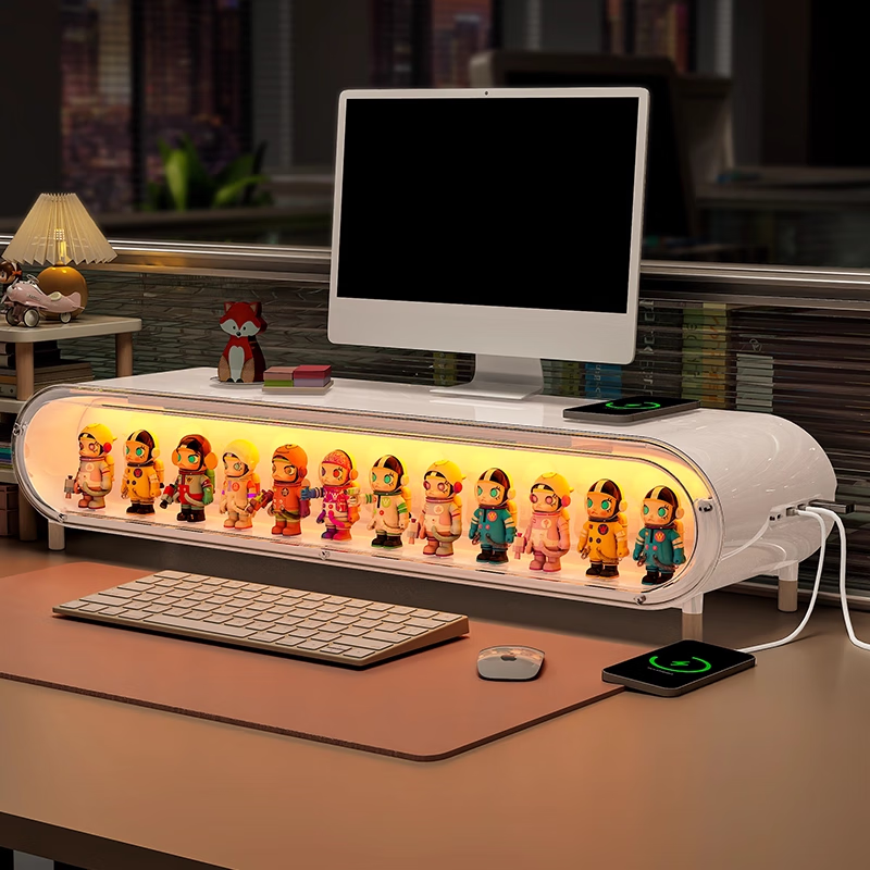 收纳达人桌面手办收纳盒电脑增高支架盲盒收纳盒办公室无线充电台式多功能 【带灯款】52长-灯光展示+加高木脚