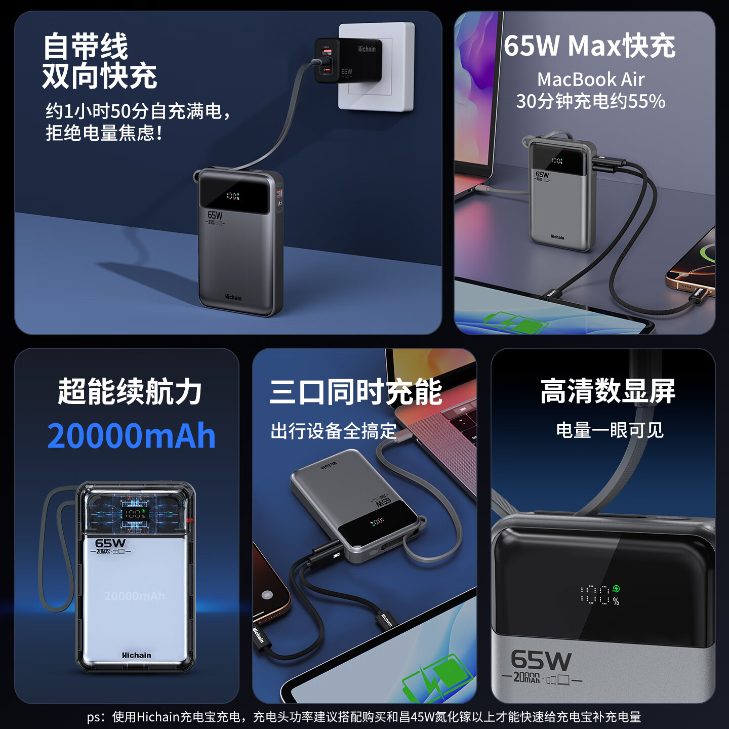 Hichain和昌【3C认证】充电宝移动电源65W大功率快充自带线20000毫安大容量便携小巧可上飞机可充笔记本 【65W双向快充| 笔记本电脑】20000mAh银
