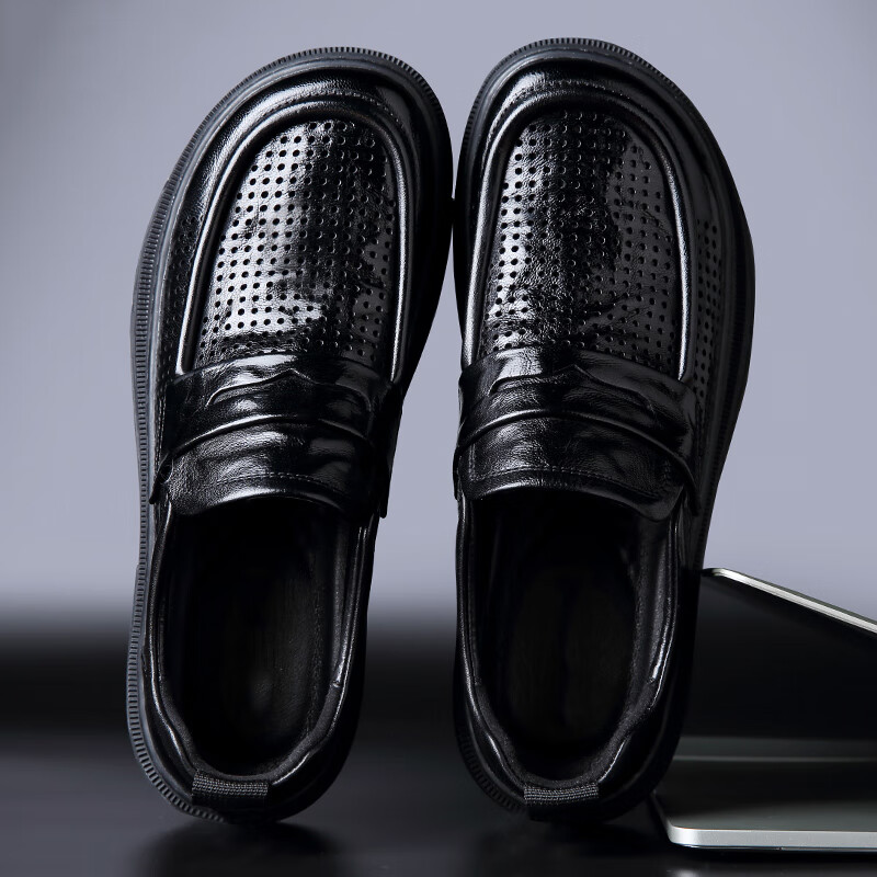 Walker Shop男士高端皮鞋男软羊皮大头商务通勤皮鞋新款厚底增高一脚蹬乐福鞋 黑色系带款 【品牌男鞋 礼盒包装】 40