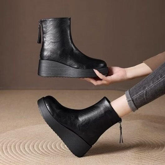 【商场同款】2025爆款时尚马丁靴百搭增高软皮增高流苏短靴防滑 黑色单里 39