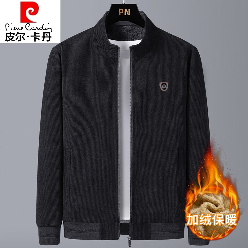 皮爾卡丹（pierre cardin）外套男士秋冬衣服夾克男裝潮流燈芯絨立領(lǐng)爸爸裝帥氣上衣 黑色款 加絨 2XL 145-160斤