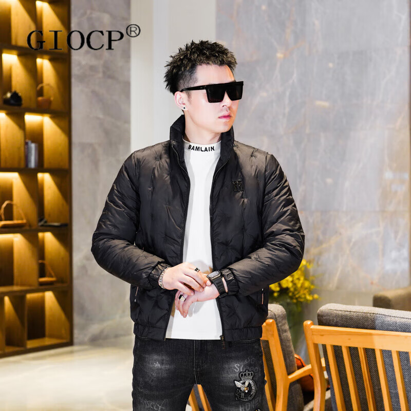 GIOCP香港潮牌立领刺绣羽绒服男冬季保暖御寒修身青年大码白鸭绒外套男 黑色 M