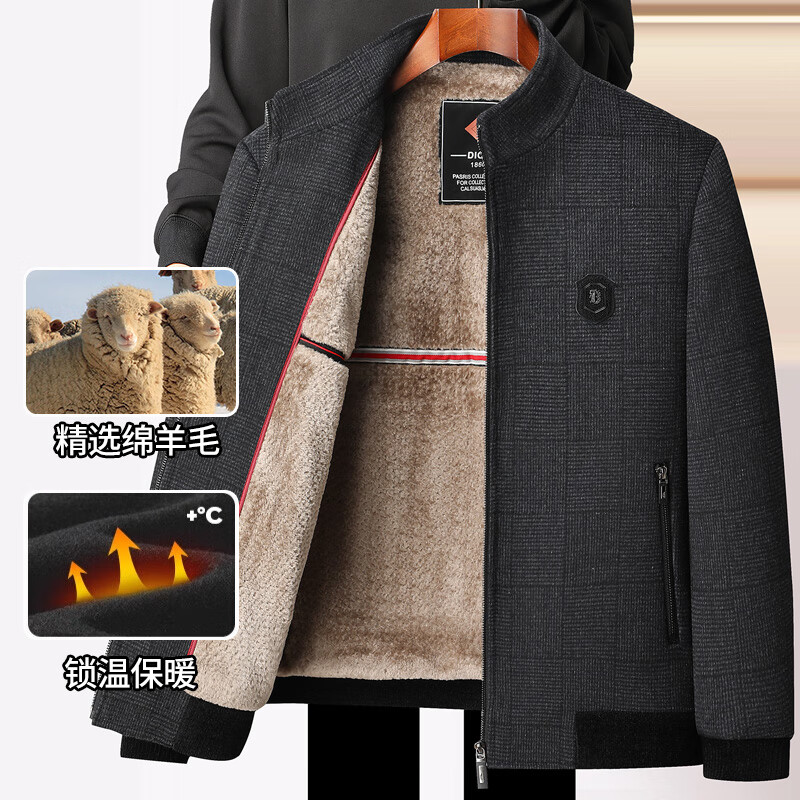 老爷车爸爸冬装外套加绒加厚羊毛呢子夹克秋冬季男士中老年格子毛呢
