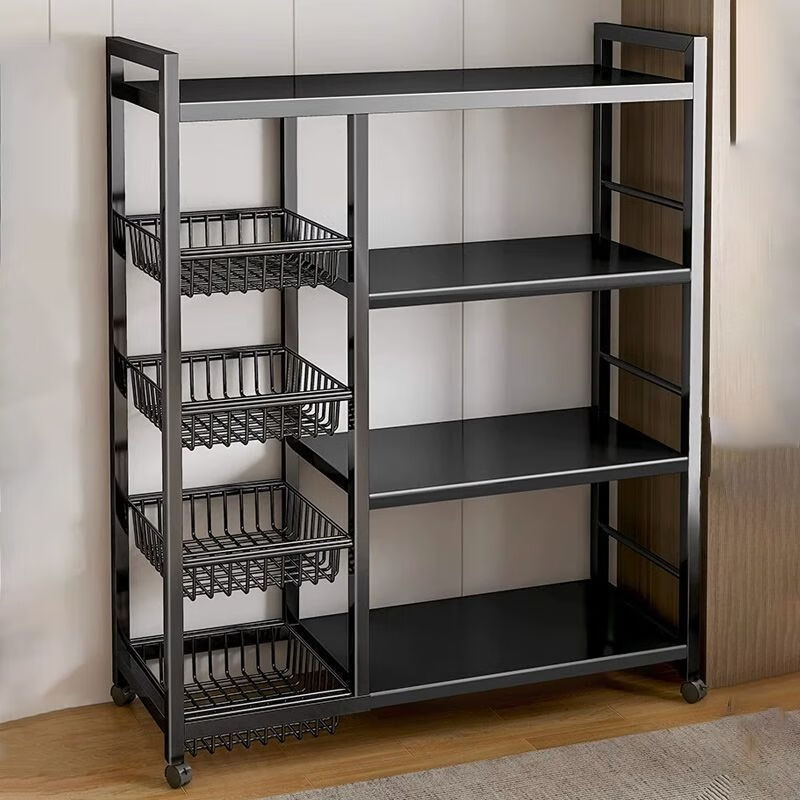 厨房置物架落地多层蔬菜篮子收纳架多功能微波炉烤箱货架储物架 四网四板【120*32*135】