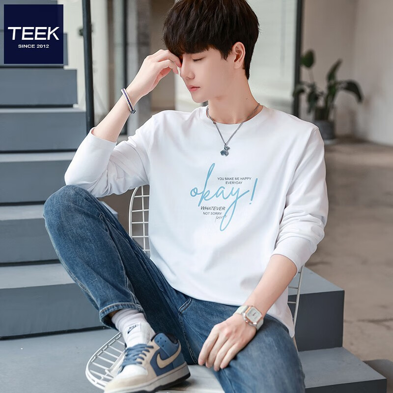 TEEK时尚男士长袖t恤衫早秋上衣 青年重磅水柔棉衣服2025春季休闲男装 HE120白色 L