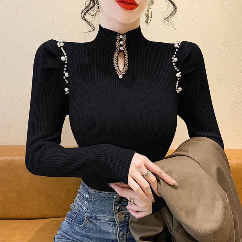 香影芬毛衣女款钉珠镂空半高领针织衫女秋冬气质设计感修身冬季长袖上衣 驼色 S (建议95斤以内)