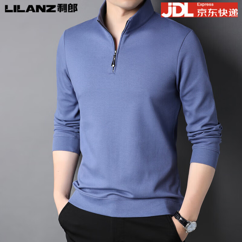 利郎男装长袖t恤棉中年男士春秋立领半拉链休闲商务polo衫卫衣T 蓝色 2XL 180(建议155-170斤)