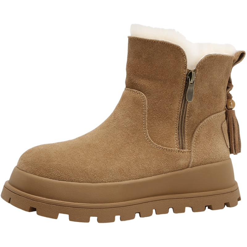 星期六真皮雪地靴女2025新款冬季加绒加厚马丁靴厚底保暖短靴女棉鞋 驼色 38 (240mm) 标准码