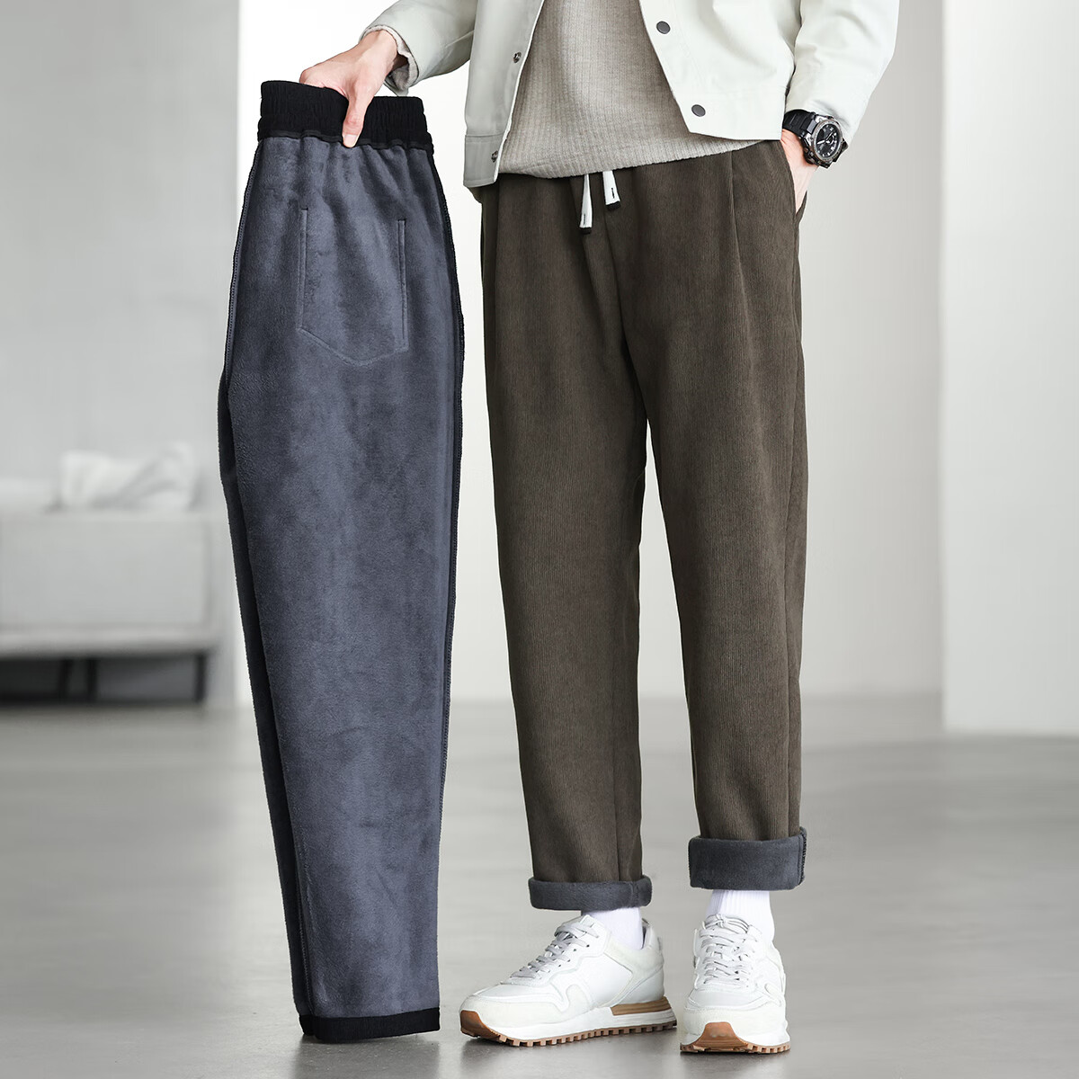 布衣传说【加绒加厚】重磅灯芯绒松紧腰抽绳柔软保暖运动小锥男式休闲裤 卡其 L