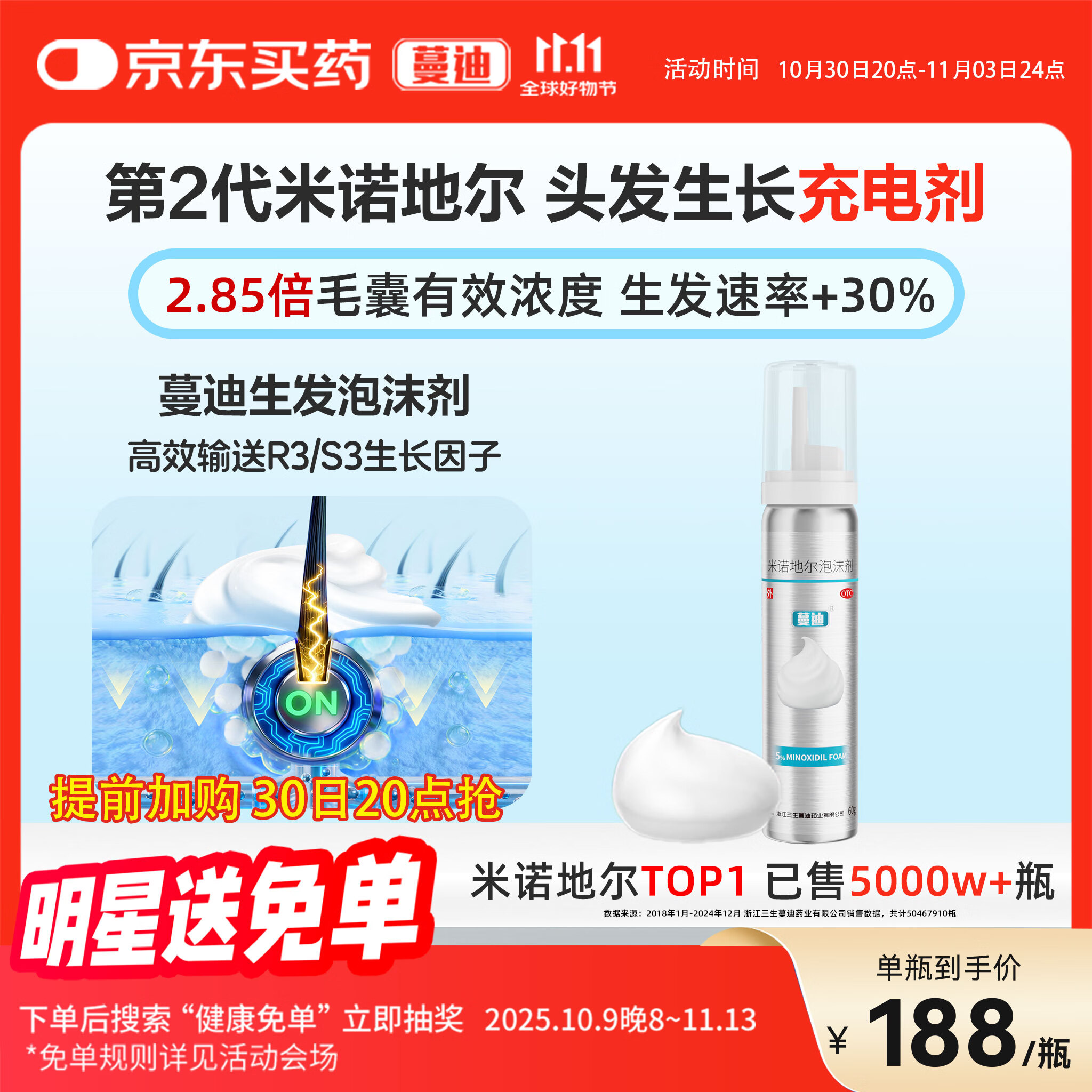 【第二代米诺地尔】蔓迪生发泡沫剂60g（倍速生发 温和不起痘）防脱育发增发液5%浓度酊搽剂
