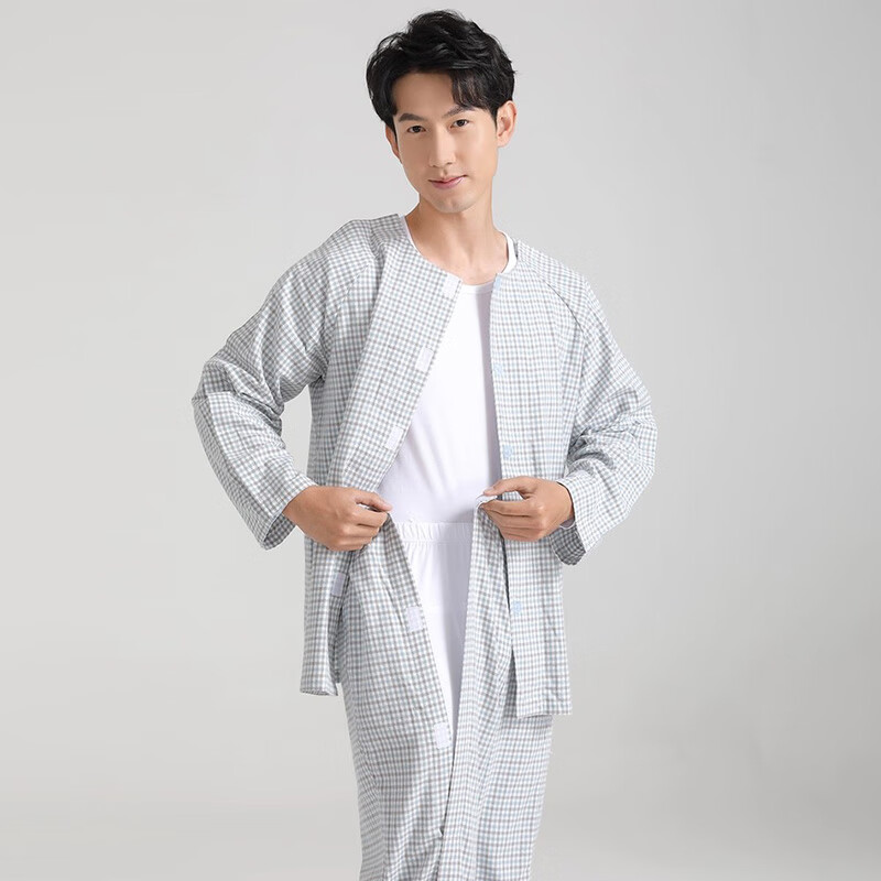 大雅康元病号服易穿脱护理服睡衣纯棉病号服骨折衣服护理裤子picc输液置管 四季款-灰蓝格上衣【魔术贴款】 XL