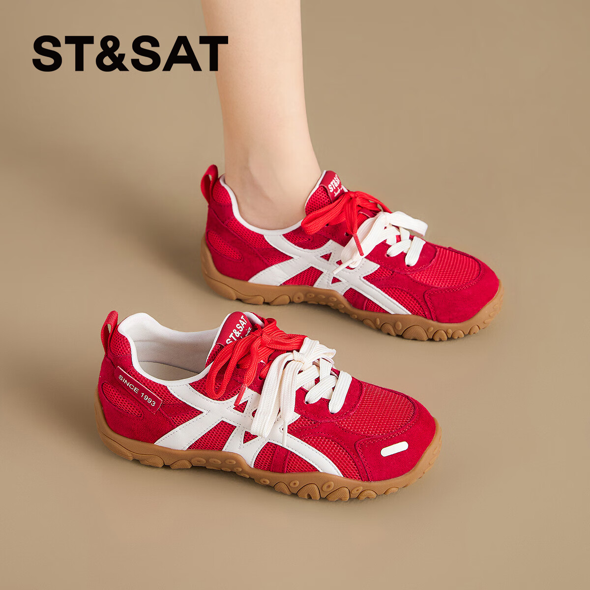 星期六内增高女鞋蓝色厚底德训鞋女2025新款秋冬季复古运动阿甘鞋 红色 35