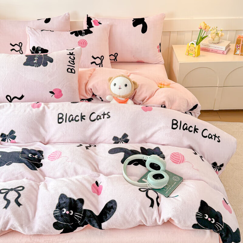 软贝小清新牛奶绒床上四件套保暖毛绒床单被套学生宿舍秋冬款三件套 炫酷黑猫 床单款 2.0m 被套200*230cm 四件套