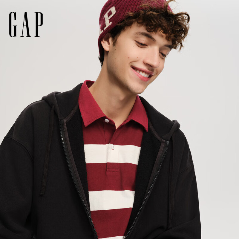 GAP纯粹水洗卫衣系列 休闲连帽卫衣开衫 男女同款 黑色 M (170/92A)亚洲尺码