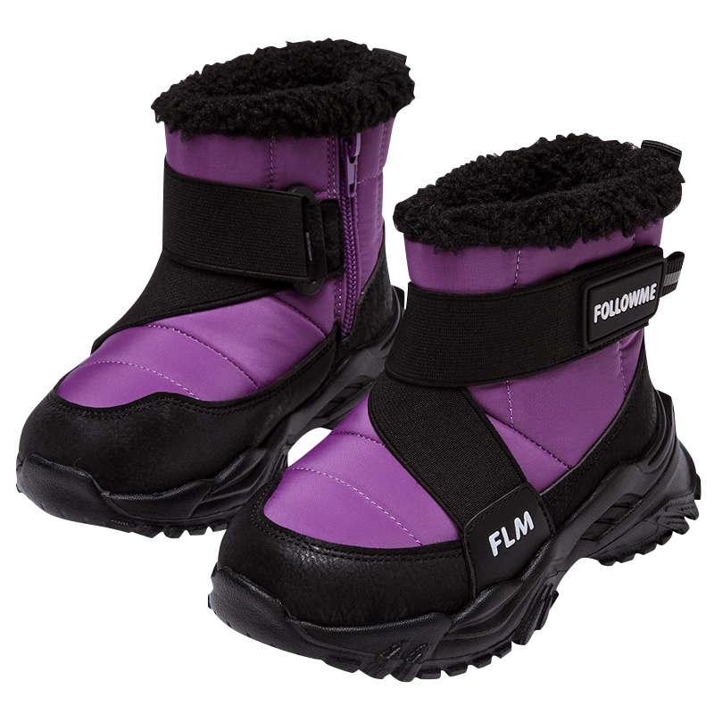 富羅迷女童雪地靴冬季加絨保暖棉靴兒童軟底防滑運(yùn)動鞋靴子 黑/紫色 36
