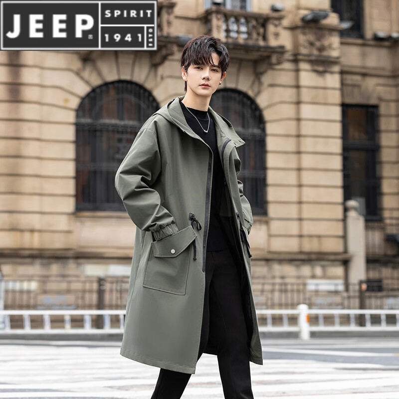 JEEP SPIRIT冲锋风衣中长款大衣男秋冬季加绒加厚连帽夹克美式宽松大码冬外套 军绿色 M 95-120斤