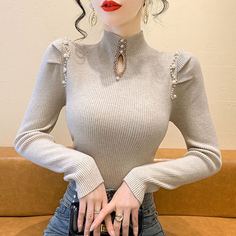 香影芬毛衣女款钉珠镂空半高领针织衫女秋冬气质设计感修身冬季长袖上衣 驼色 S (建议95斤以内)