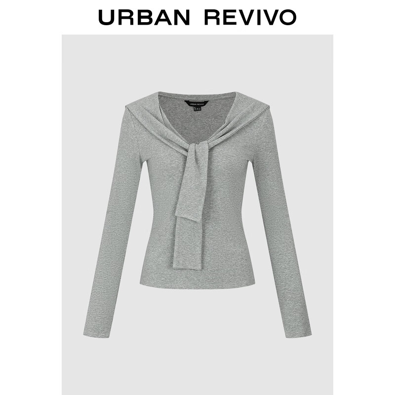 UR2025秋季新款女装都市设计感系带V领修身T恤UWU450038# 花灰 M