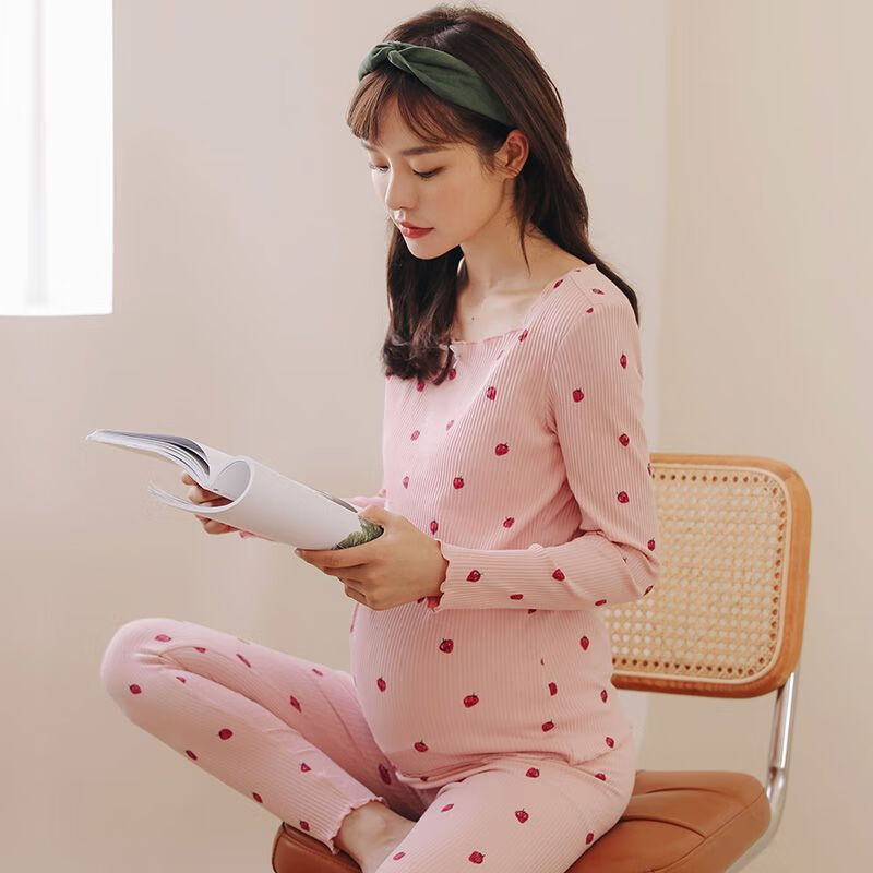 米度麗孕婦秋衣秋褲套裝秋冬孕婦保暖內(nèi)衣冬季哺乳睡衣喂奶月子服 常規(guī)款-粉底草莓 M 【推薦80-110斤左右】