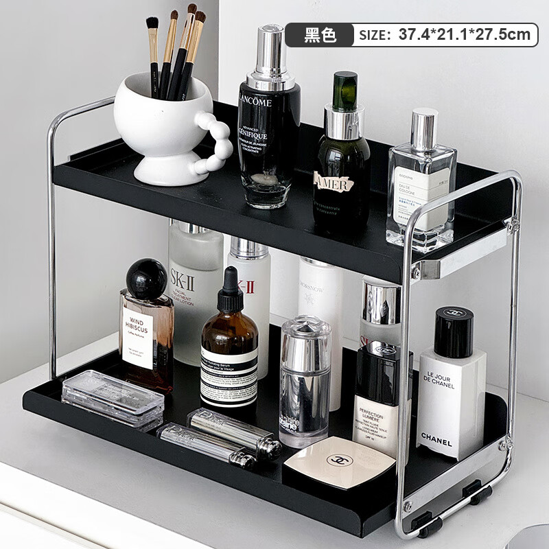 亞加麗加（YA JIA LI JIA）鐵藝化妝品置物架感桌面護(hù)膚品收納盒簡(jiǎn)約玄關(guān)香水?dāng)[件陳列架 升級(jí)加寬鐵藝黑色雙層置物架_DF-1348