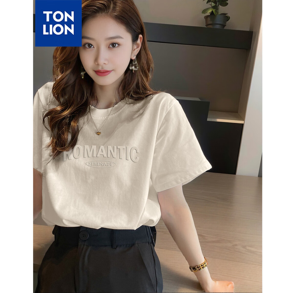 唐狮（TonLion）2026新款夏季女短袖T恤圆领发泡印净色休闲宽松百搭时尚上衣