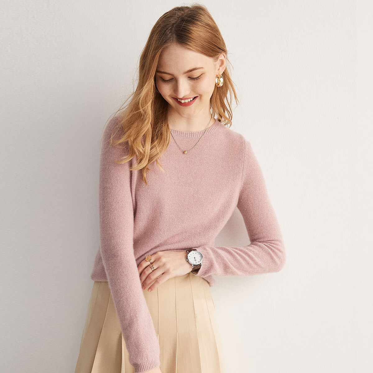 帕罗（PALUOPO）100%纯羊绒秋冬2025新款圆领纯色套头针织打底衫毛衣ET20008R 藕粉 L 165/105