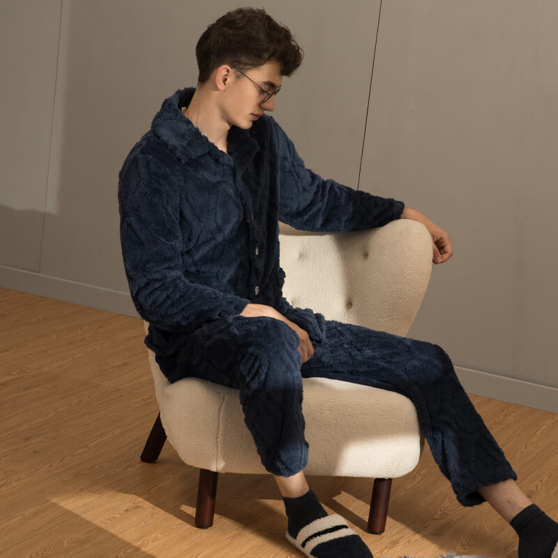 芬腾男士睡衣珊瑚绒家居服套装秋冬保暖 M98241404-宝兰 XL