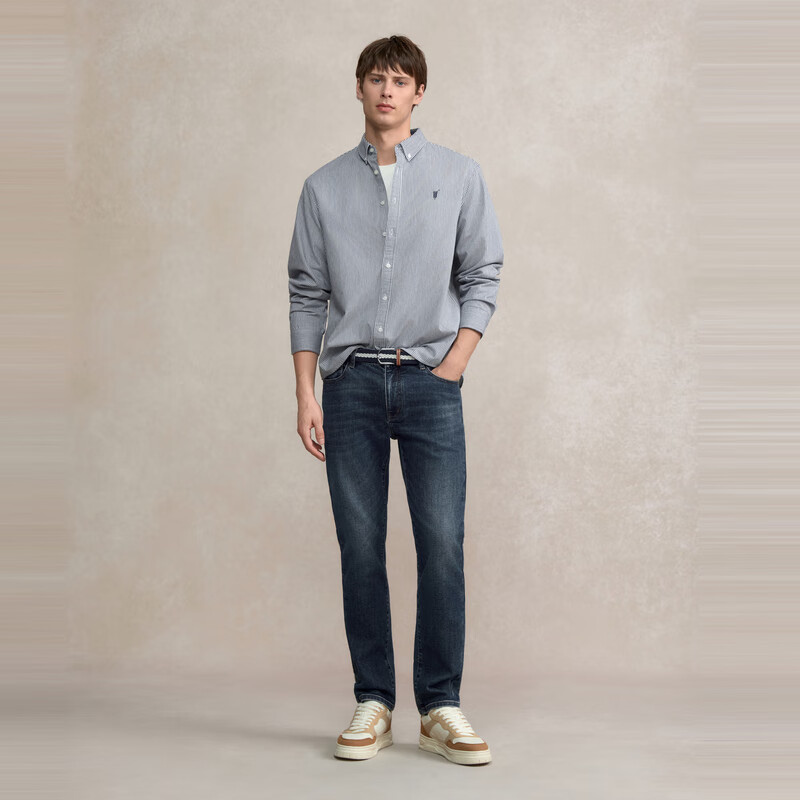 POLOWALK男装纯棉长袖衬衫2025秋季新品男式竖条纹立领上衣外套开衫 蓝灰色 L