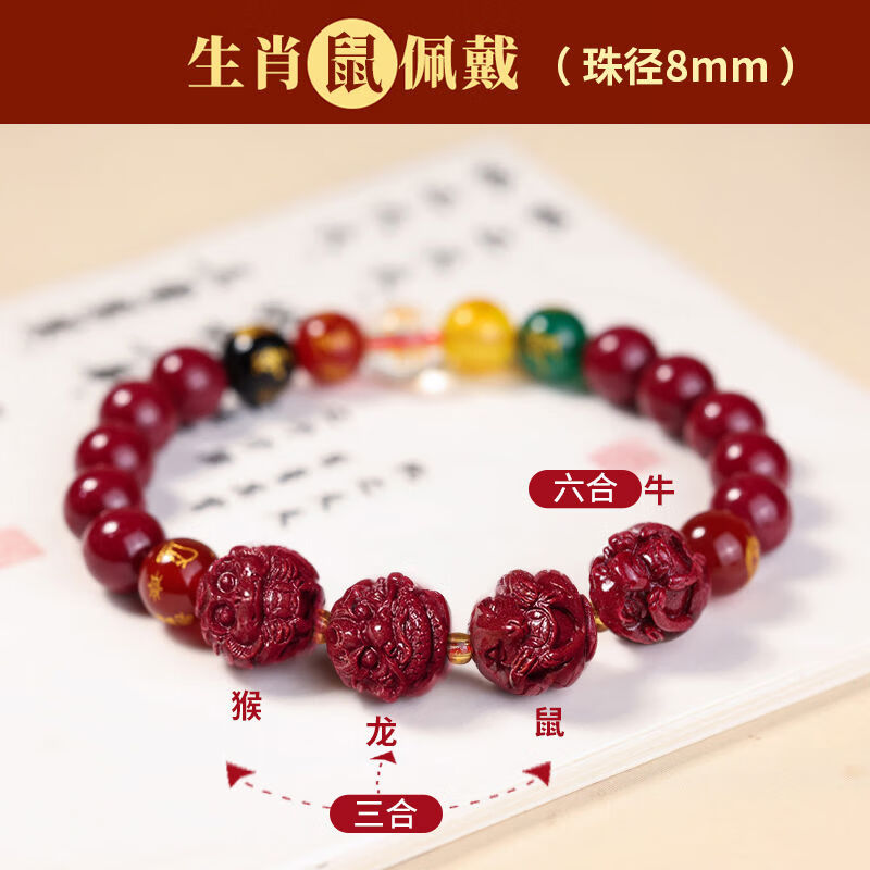 妙韵朱砂生肖三合六合手串女五路财神转运珠手链本命年男12属相本命佛 8mm属鼠-三合六合千手观音五路财神岁岁手串