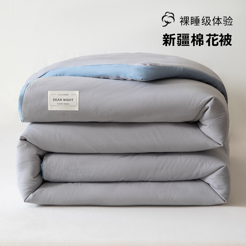 VJE冬被新疆纯棉花被子被芯秋冬天棉被棉絮冬季加厚保暖单人春秋被褥 银光灰-蓝边【升级7A抗菌面料 100%新疆棉填充】 200*230cm约10斤超厚冬被【适宜室温-10℃-0℃】