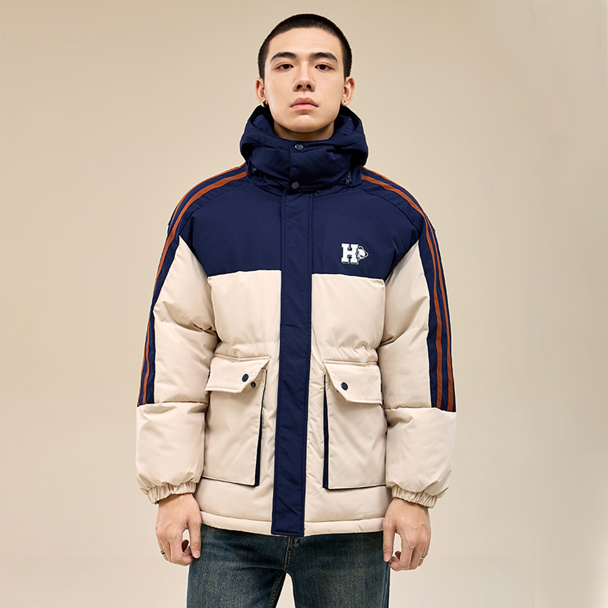 HIPANDA撞色拼接运动风棉衣男士2025冬季新款宽松保暖连帽棉袄外套上衣 卡其色 M