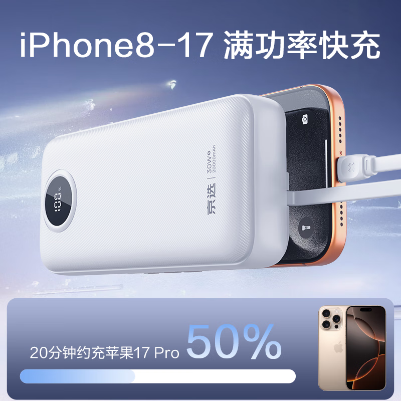 京选京东自有品牌【3C认证可上飞机】充电宝20000毫安30W双向快充电源白色适用苹果华为小米兼容30W