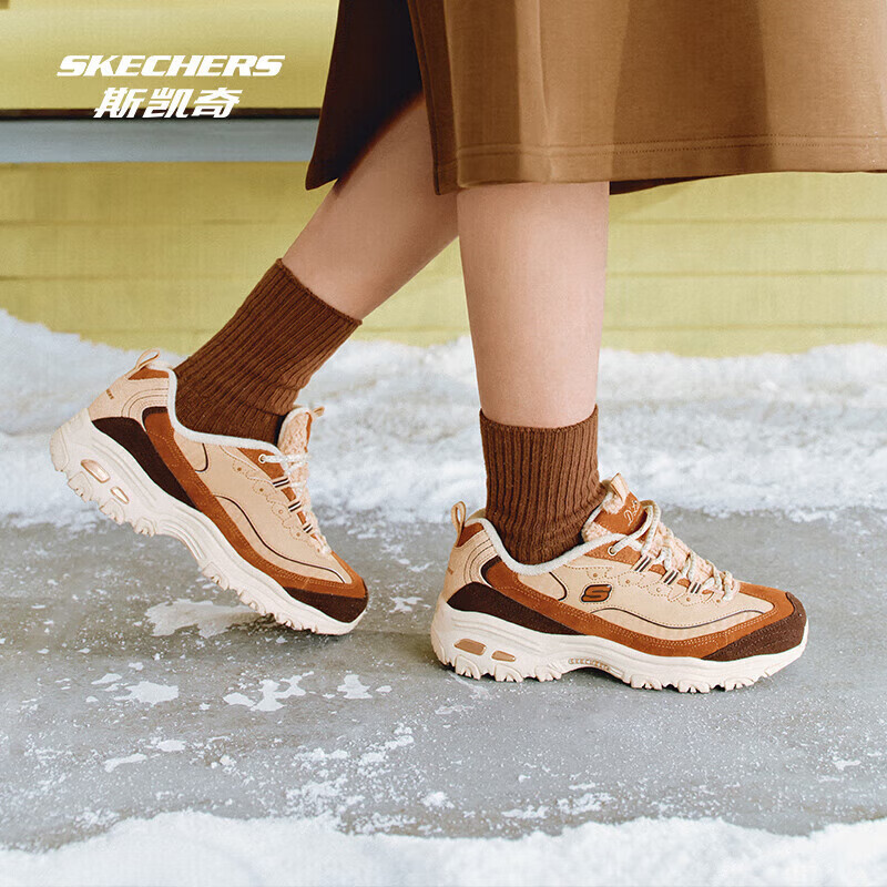 斯凯奇（Skechers）卷毛熊丨2024年秋冬新款女鞋复古加绒保暖厚底增高休闲运动老爹鞋 焦糖板栗/BRMT 37