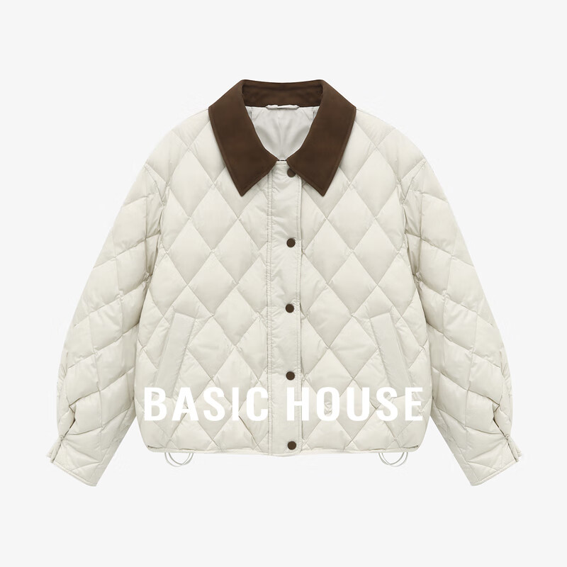 百家好（Basic House）Basic House/百家好撞色菱格短款羽绒服25冬季翻领设计感纽扣外套 米色 M