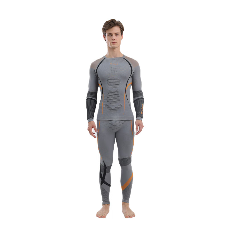 鲸鱼男士速干衣保暖内衣户外运动滑雪保暖套装冬季修身舒适防寒 男款速干保暖衣-灰橙色 XL
