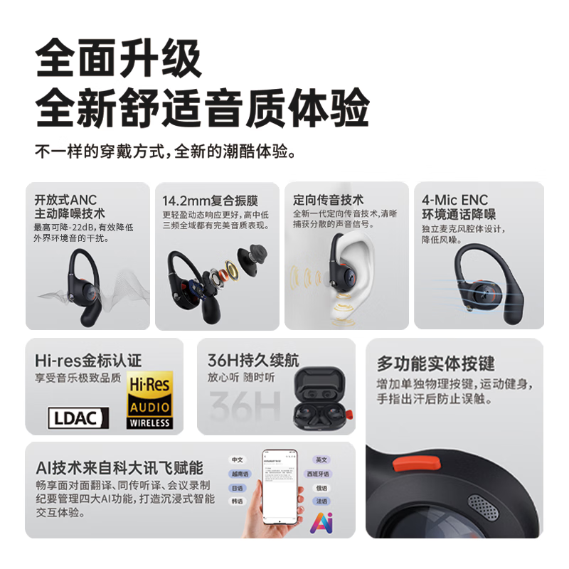 眷蜀JSOUL Mate Sport Pro AI智能翻译开放式不入耳挂耳主动降噪蓝牙耳机运动跑步健身舒适稳固长续航 松叶绿