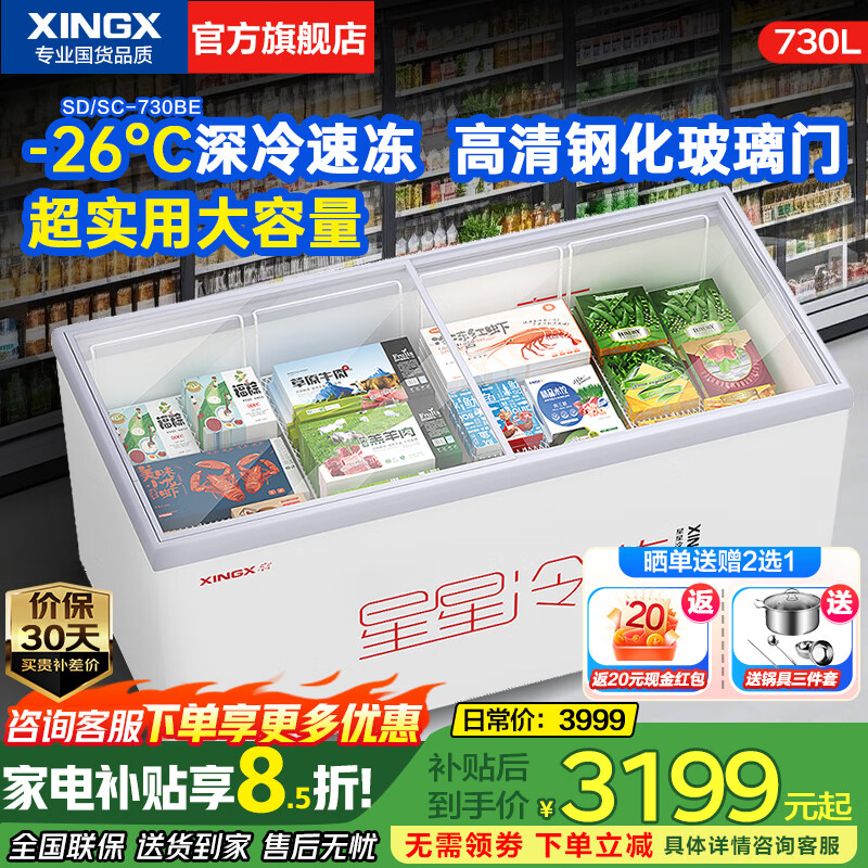 星星（XINGX）冰柜展示柜卧式冷藏冷冻双温雪糕饮料冰箱深底岛柜大容量冰箱冰柜迅速冷冻 730升【-26℃速冻钢化玻璃门】730BE