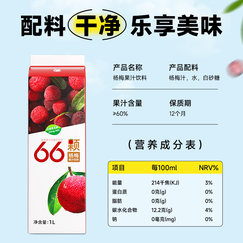 扬百利(yumberry)杨百利杨梅果汁鲜果鲜榨杨梅汁【66颗杨梅】酸甜果蔬汁大瓶1L装 66颗杨梅汁1L装*2瓶