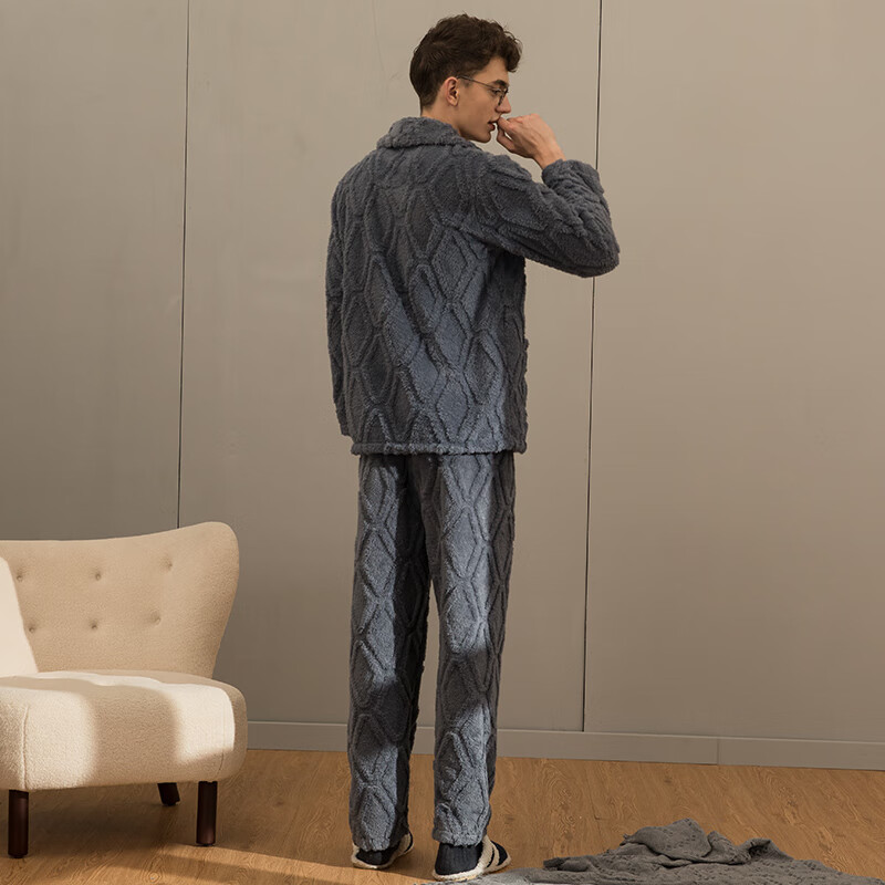 芬腾男士睡衣珊瑚绒家居服套装秋冬保暖 M98241403-灰兰 XL
