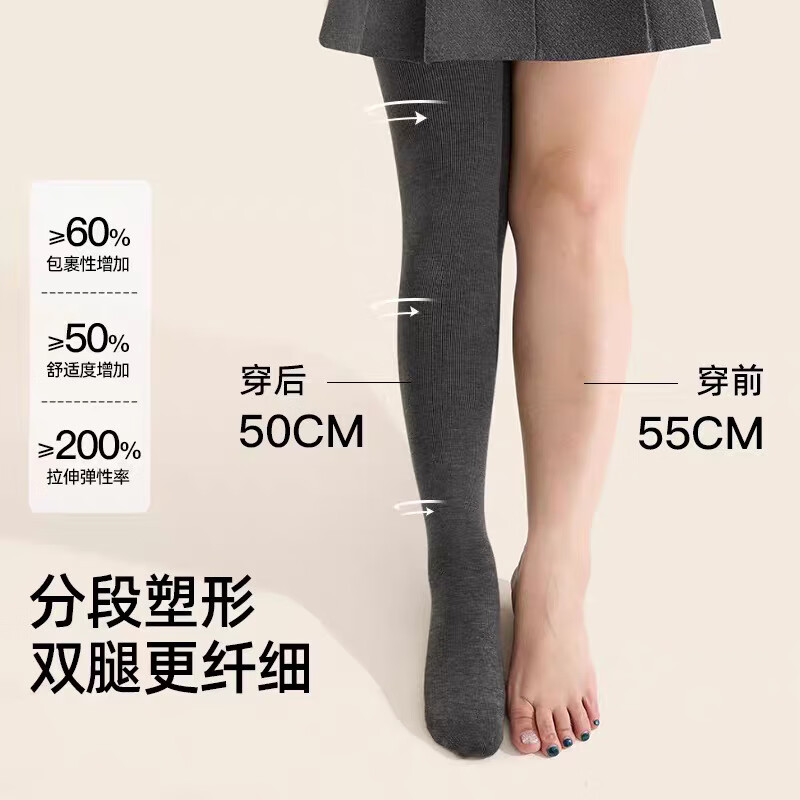 宝娜斯大码竖条纹棉质打底裤女外穿春秋冬加肥加大胖mm格雷系螺纹连裤袜 中灰色（加绒加厚款）【踩脚款】 1条 L （适合80-140斤）