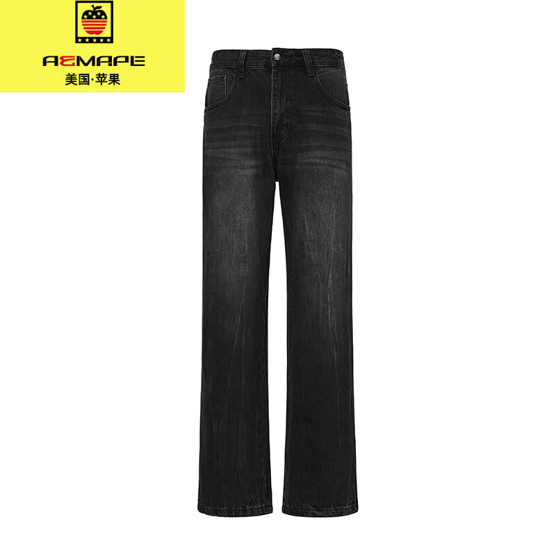 AEMAPE美式高街水洗扎花阔腿牛仔裤猫须设计感百搭款直筒长裤男 黑色 28