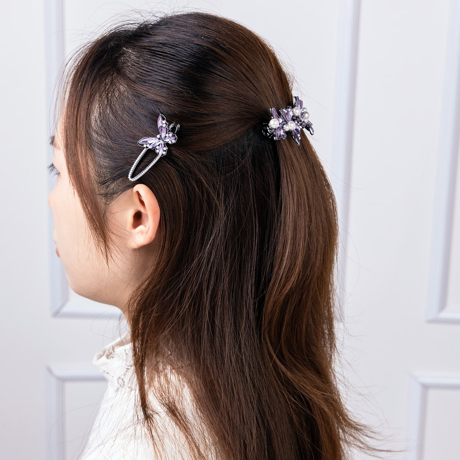 HUA YAN YUE HUA紫蝶凝珠刘海夹0903轻奢鸭嘴夹高档边夹碎发夹高级感女士头发发卡 紫色 1个