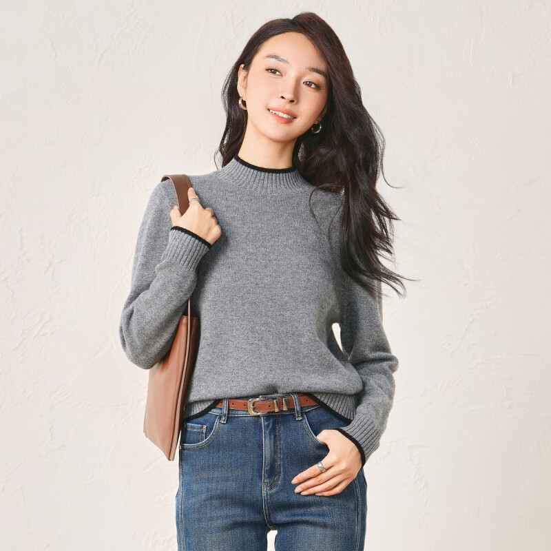 春竹品牌正品26春季新款100%绵羊毛撞色时尚半高领毛衣洋气女羊毛衫 中灰 M (90-115斤)