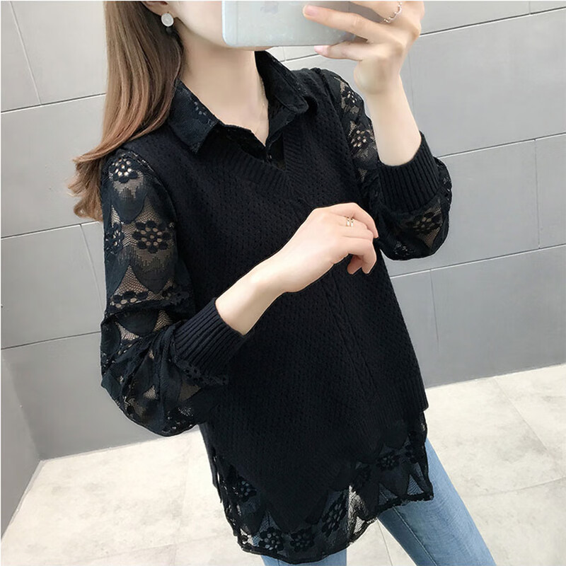 香影纯马甲针织衫两件套2025春秋新款显瘦套装蕾丝衬衣早秋洋气毛衣女 蓝色（二件套） L  (建议105-115斤)